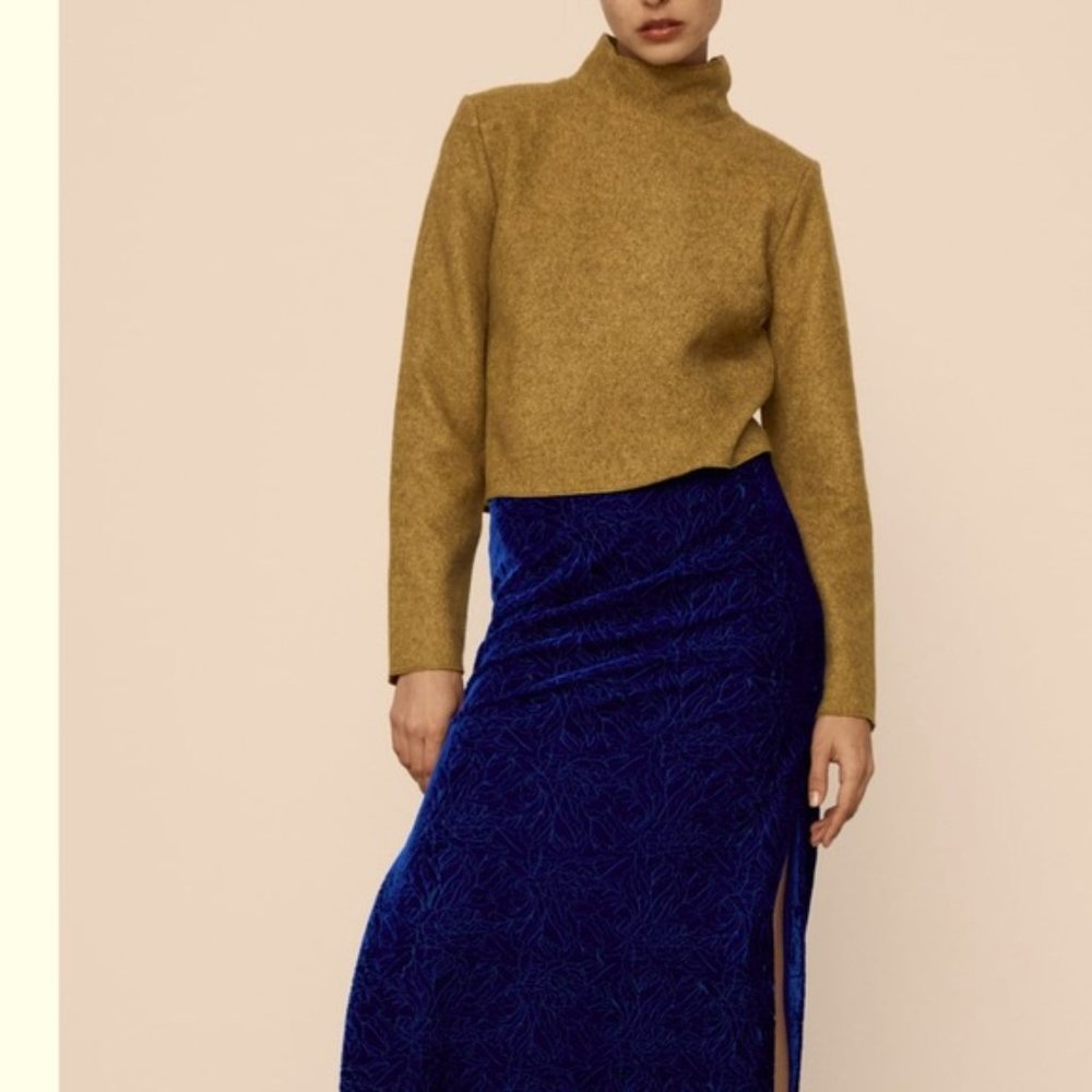 ZARA WOMENS SMALL  GREEN MARL HIGH NECK SHOULDER PADDED CROP SWEATER